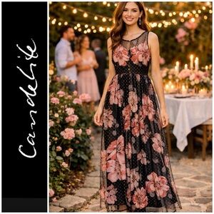 NWT Candelite formal maxi dress, floral peonies, blush pink, gold polka dots S